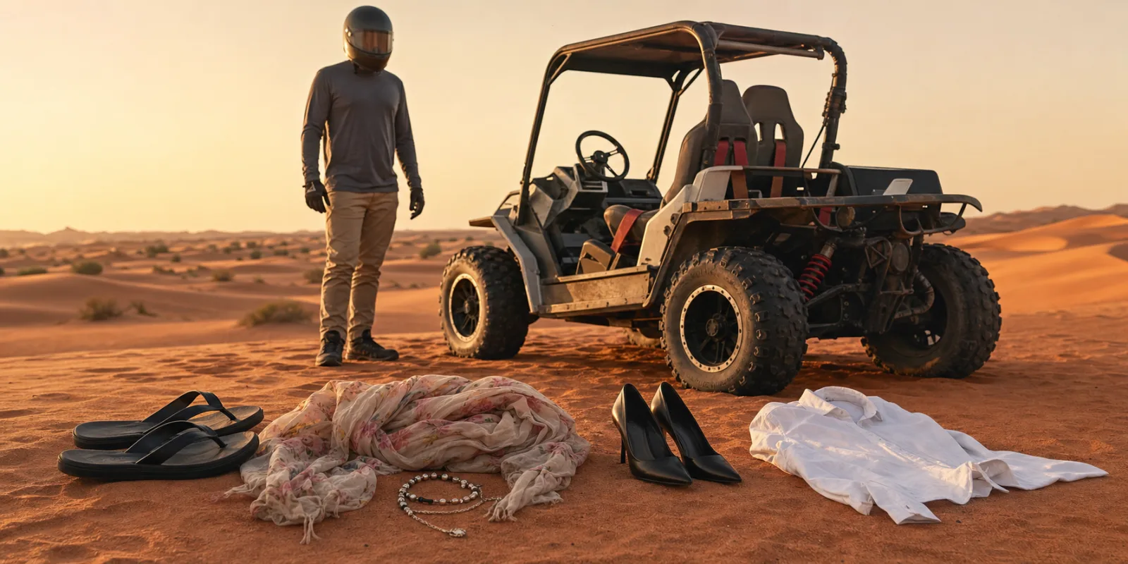 Flip-flops, loose scarf and dangling jewellery set aside before a dune buggy ride in Dubai