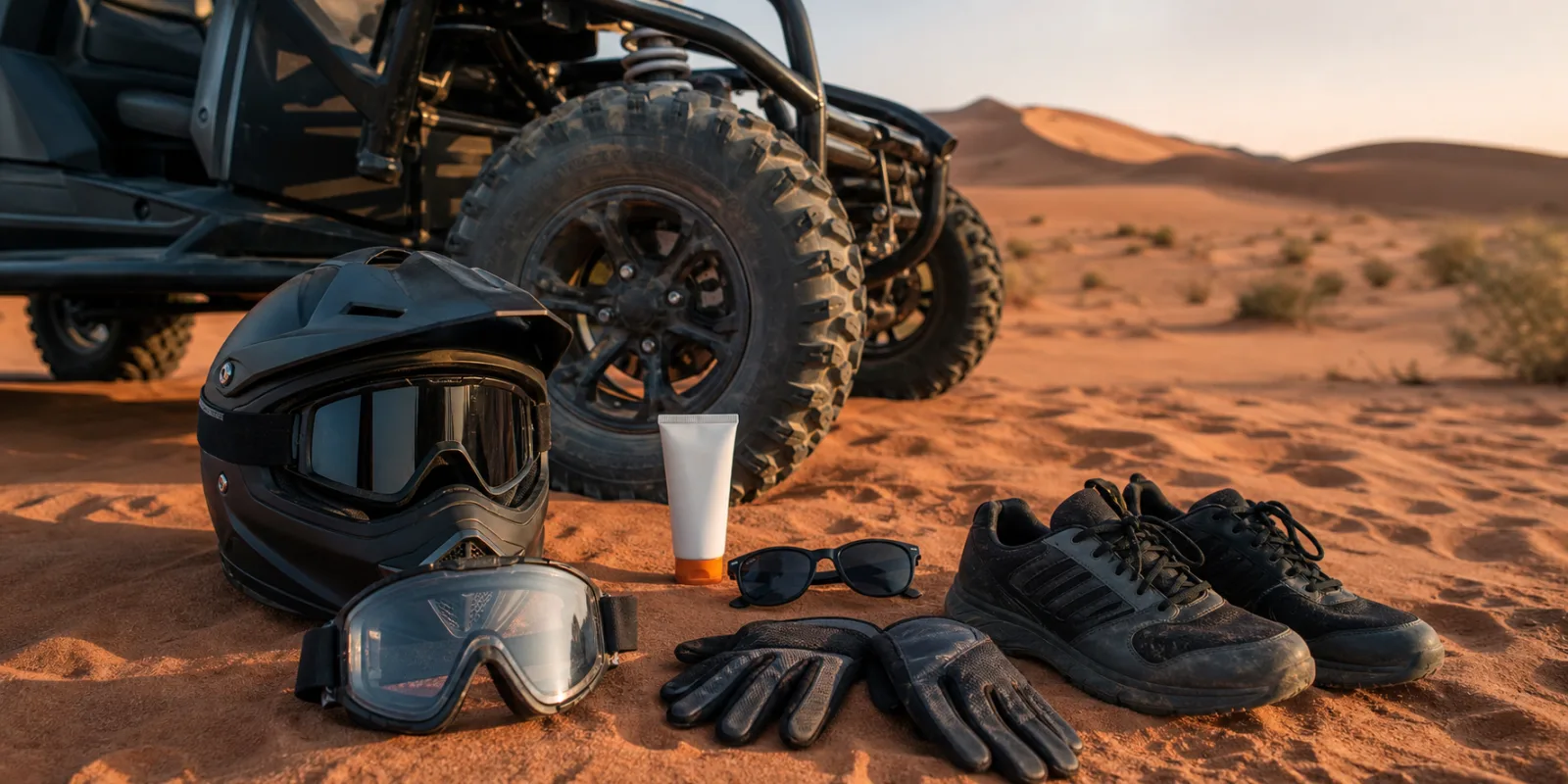 WHAT TO WEAR Helmet, goggles, gloves and closed-toe shoes ready for a dune buggy ride in Dubai