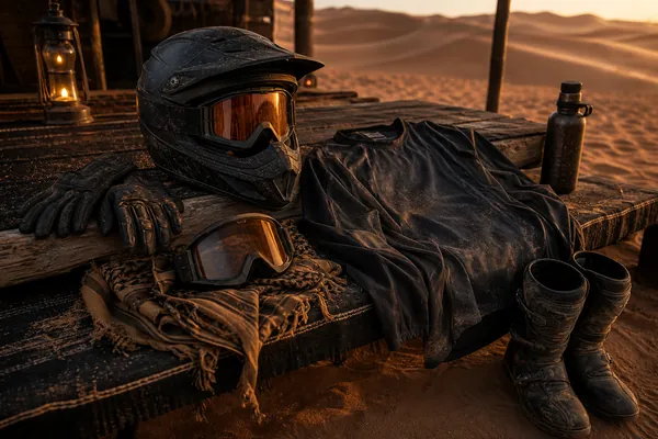 Quad biking helmet goggles gloves boots and desert riding gear on a camp bench
